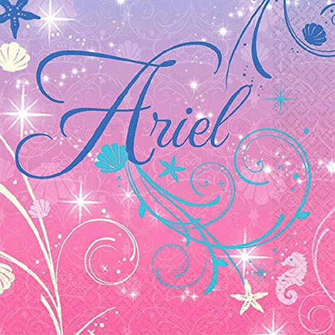 Amscan Disney Ariel Birthday Celebration Party Beverage Napkins, 5" x 5", Blue/Pink