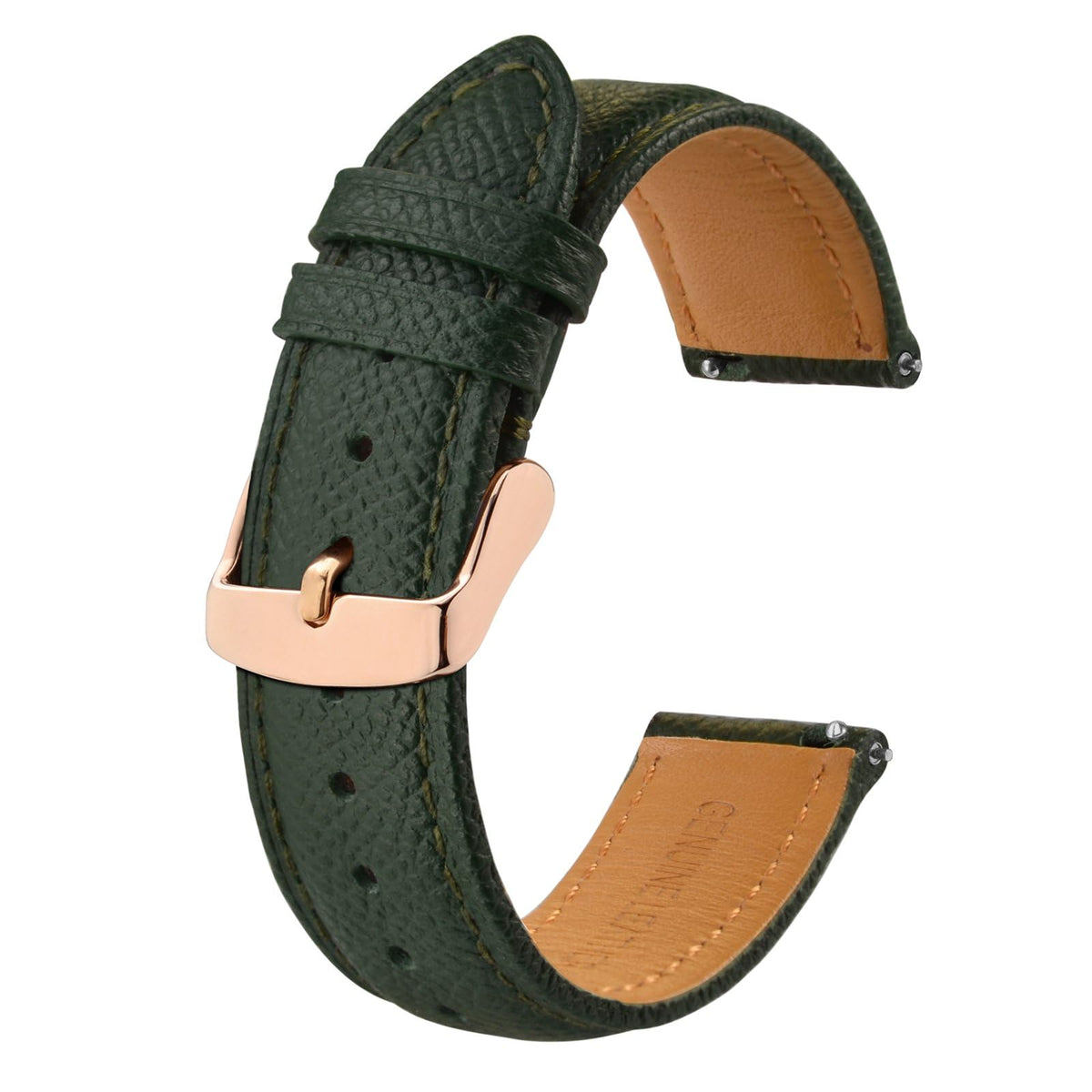 BISONSTRAP Texture Leather Watch Straps for Women and Men, Watch Replacement Bands with Quick Release, 18mm, Dark Green, Rose Gold Buckle