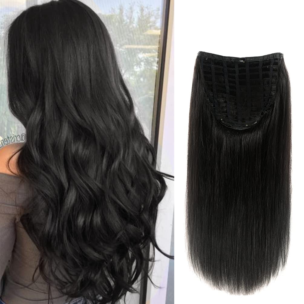 WINSKY U Part Half Wig Hair Extensions Real Human Clip in For Women - Natural Black 100grams Silky Straight One Piece Remy Hairpiece(14", #1B)