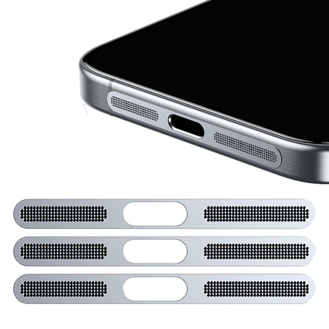 GIOPUEY Mesh Anti Dust Metal Sticker for iPhone 15 Pro Max, 3 pack Integrated Protective Speaker and Charging Port - silver