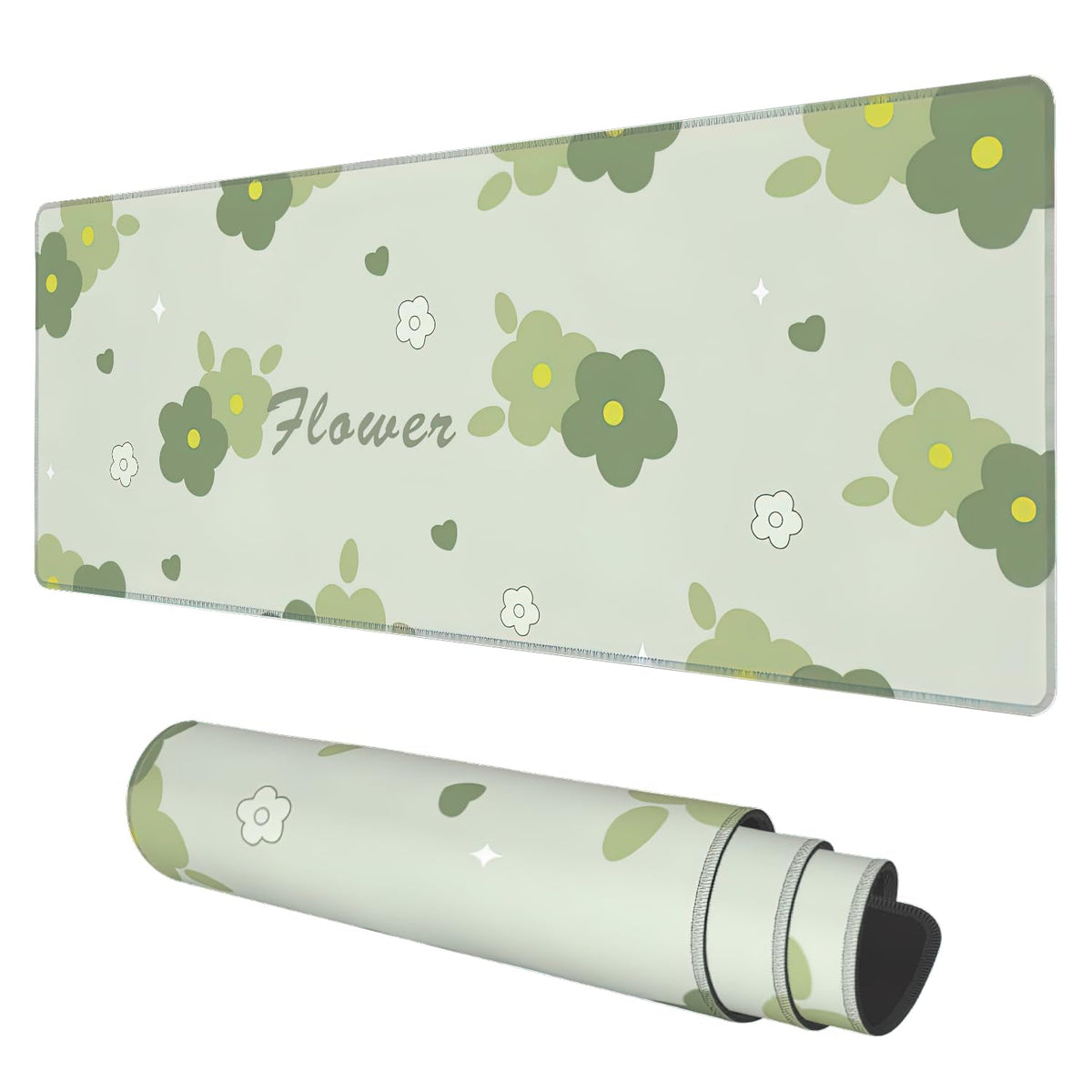 Desk Mat, Kawaii Green Flower Extended Gaming Mouse Pad Large, 31.5"x11.8" Big Mouse Pad with Non-Slip Base and Stitched Edge, Long Computer Keyboard Mouse Mat for Home Office Work