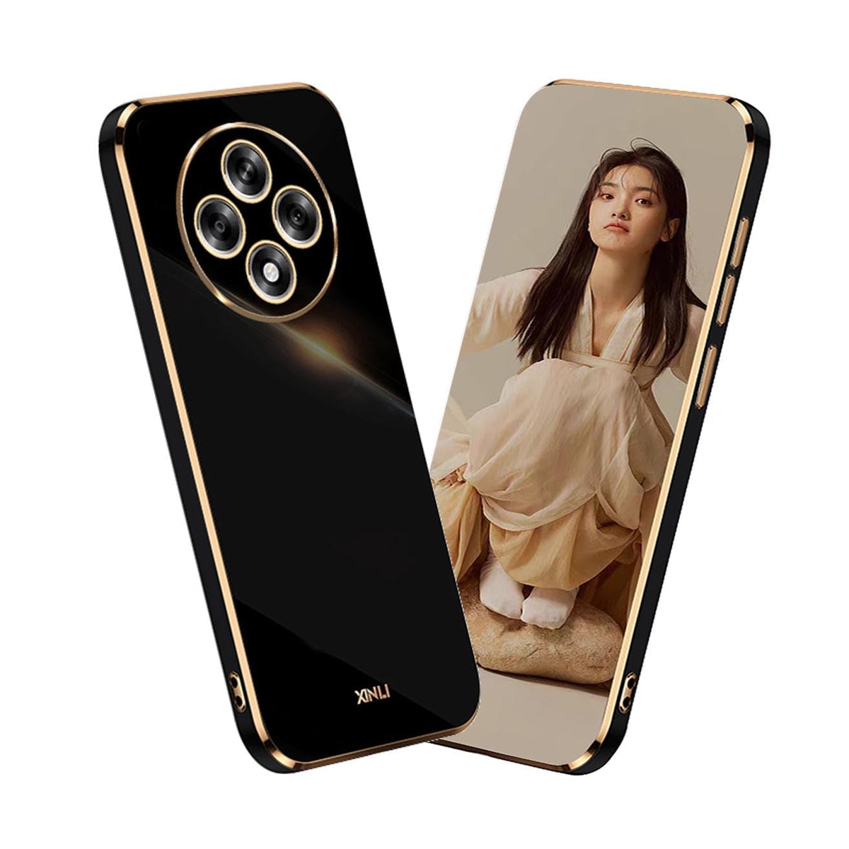 YUEQIAN Case for Oppo Reno 12F 4G/Oppo Reno 12 FS 5G (Reno12 F 5G), Ultra Thin Slim Soft Silky TPU Bumper Silicone Shockproof Case, Elegant Electroplated Gold Edge Anti-fall Women Girls Cover, Black