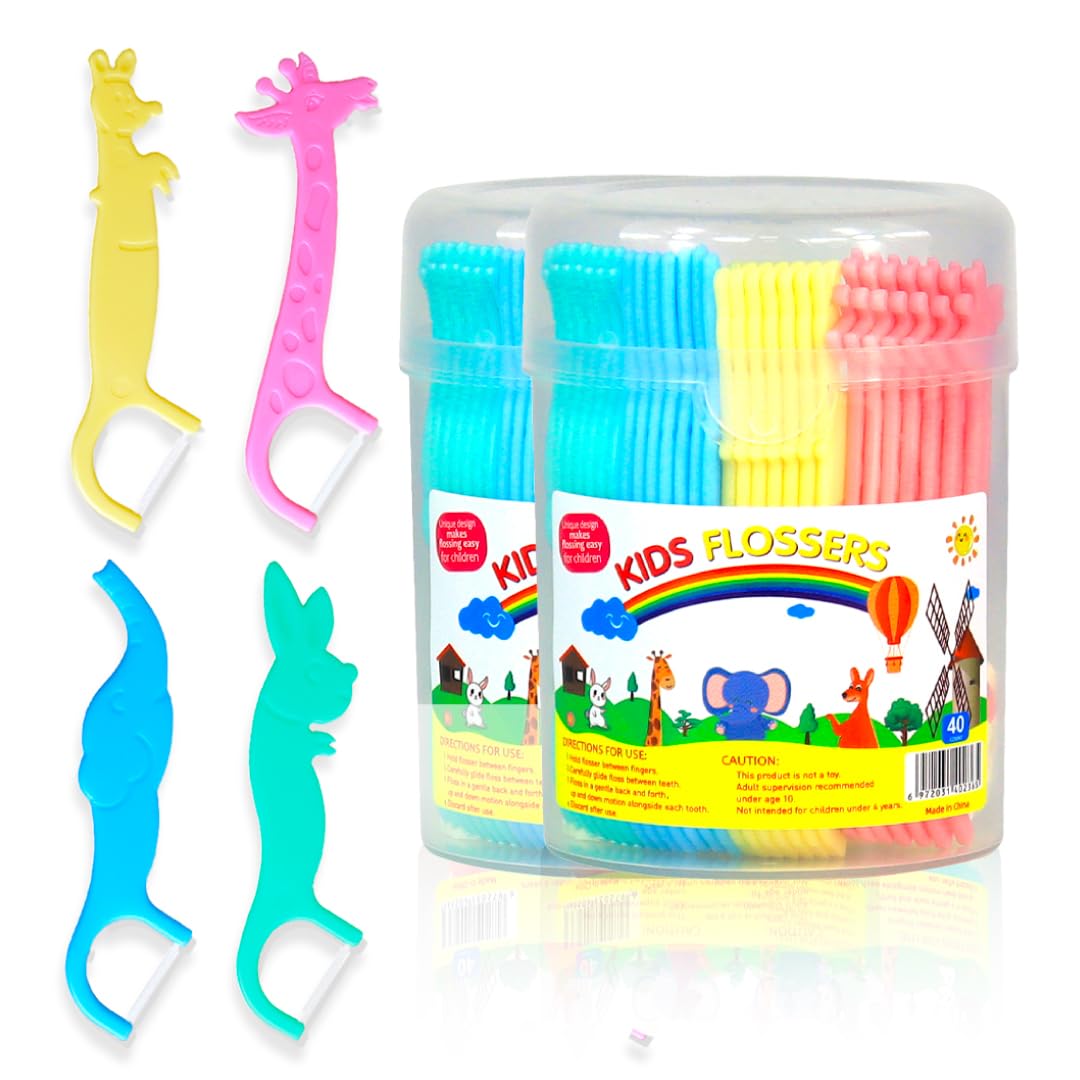 Generic Biodegradable Kids Dental Floss Picks: Gentle Gums, 2 Packs, 40 Units Each, Multicolor Variety, Ideal Daily Oral Hygiene, Children's Dental Care, Fun Routines Included, Keeps Smiles Bright