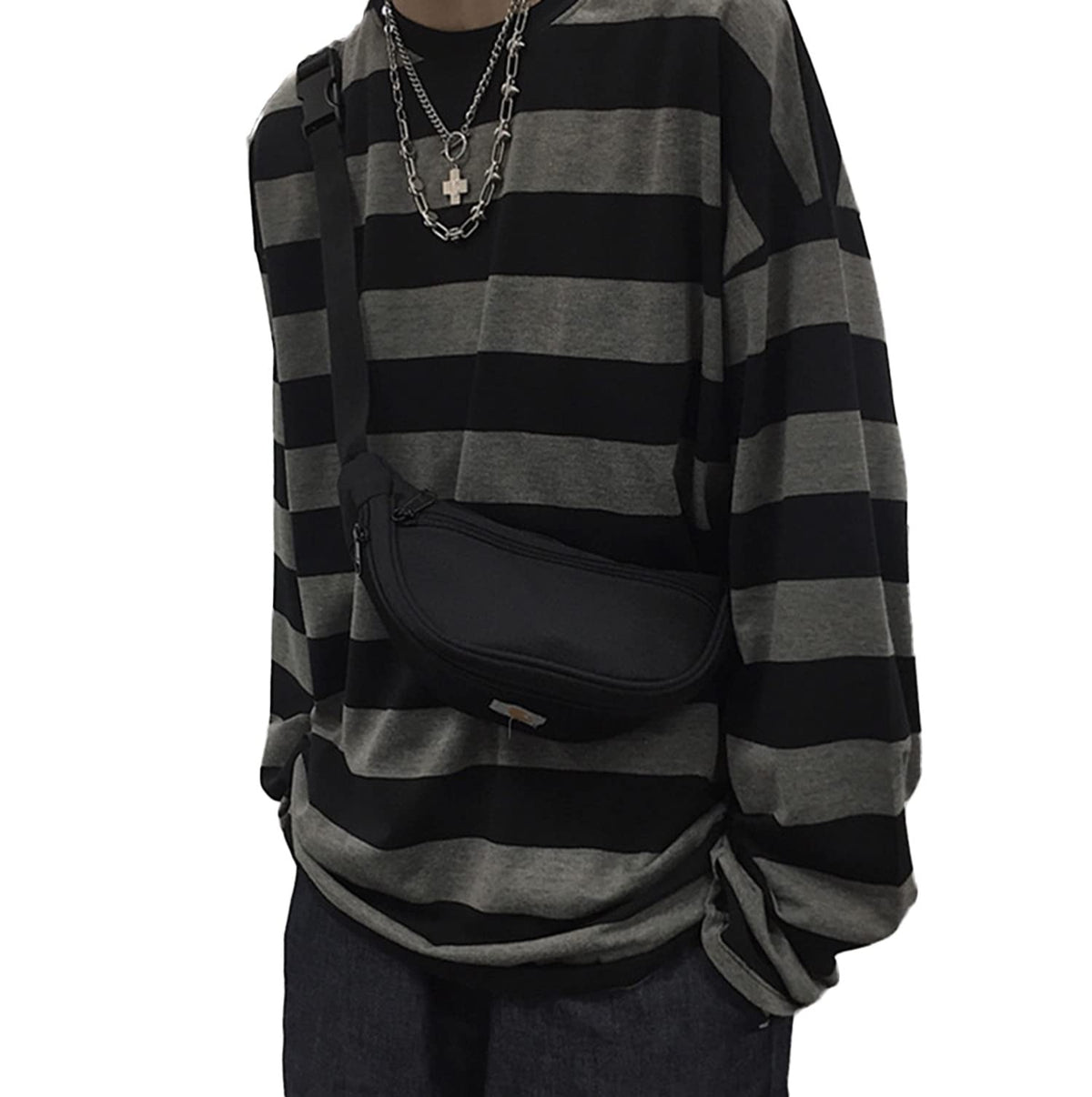 Unisex Oversized Stripe Long Sleeve T Shirts Gothic Harajuku Loose Crew Neck Summer Tee Tops, Black, Medium