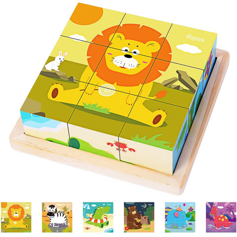 Japace Wooden Jigsaw Puzzles for Toddlers, 6 in 1 Animal Puzzle 3D Wooden Cube Block Toys Montessori Educational Games for Kids 1 2 3 4 Years Old Birthday for Boys and Girls (Medium)