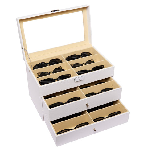 AUTOARK Leather 18 Piece Eyeglasses Storage and Sunglass Glasses Display Drawer Lockable Case Organizer,White,AW-170