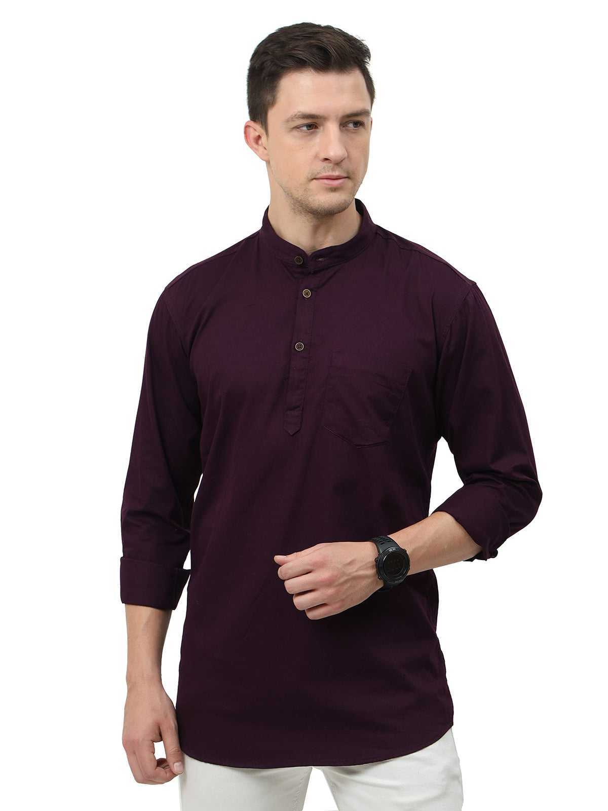Miraan Men's Casual Cotton Short Kurta Shirt with Mandarin Collar Small Purple