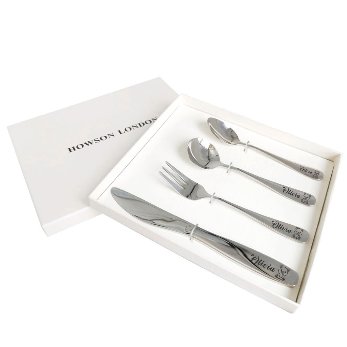 Personalised Cutlery Set for Kids Childrens Toddler Cutlery Kids Cutlery Set with Any Name Custom 4pcs Engraved Knife Fork Spoon Stainless Steel Cutlery Gifts with Rabbit Bear Image(Rabbit)