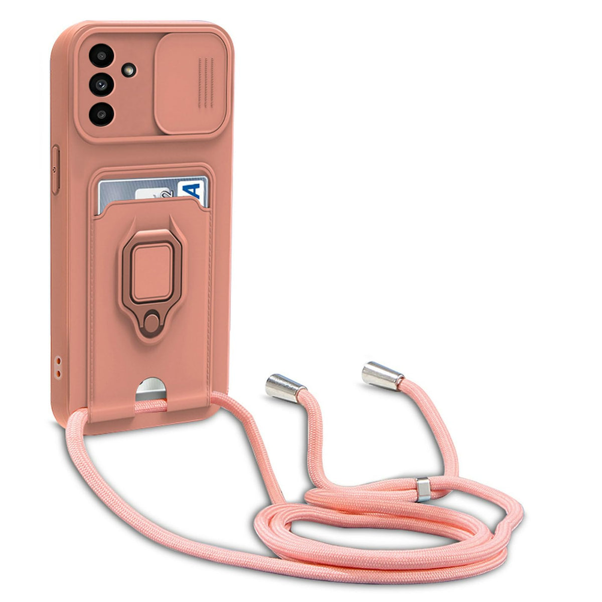yanasuo Camera Protection Lanyard Phone Case for Samsung Galaxy M34 5G, Card Holder, Slide Camera Cover, Silicone Cord Strap rope Shell TPU Shockproof Bumper Cover-Pink