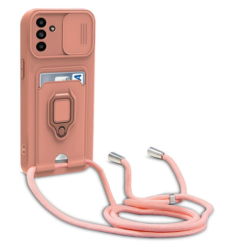 yanasuo Camera Protection Lanyard Phone Case for Samsung Galaxy M34 5G, Card Holder, Slide Camera Cover, Silicone Cord Strap rope Shell TPU Shockproof Bumper Cover-Pink