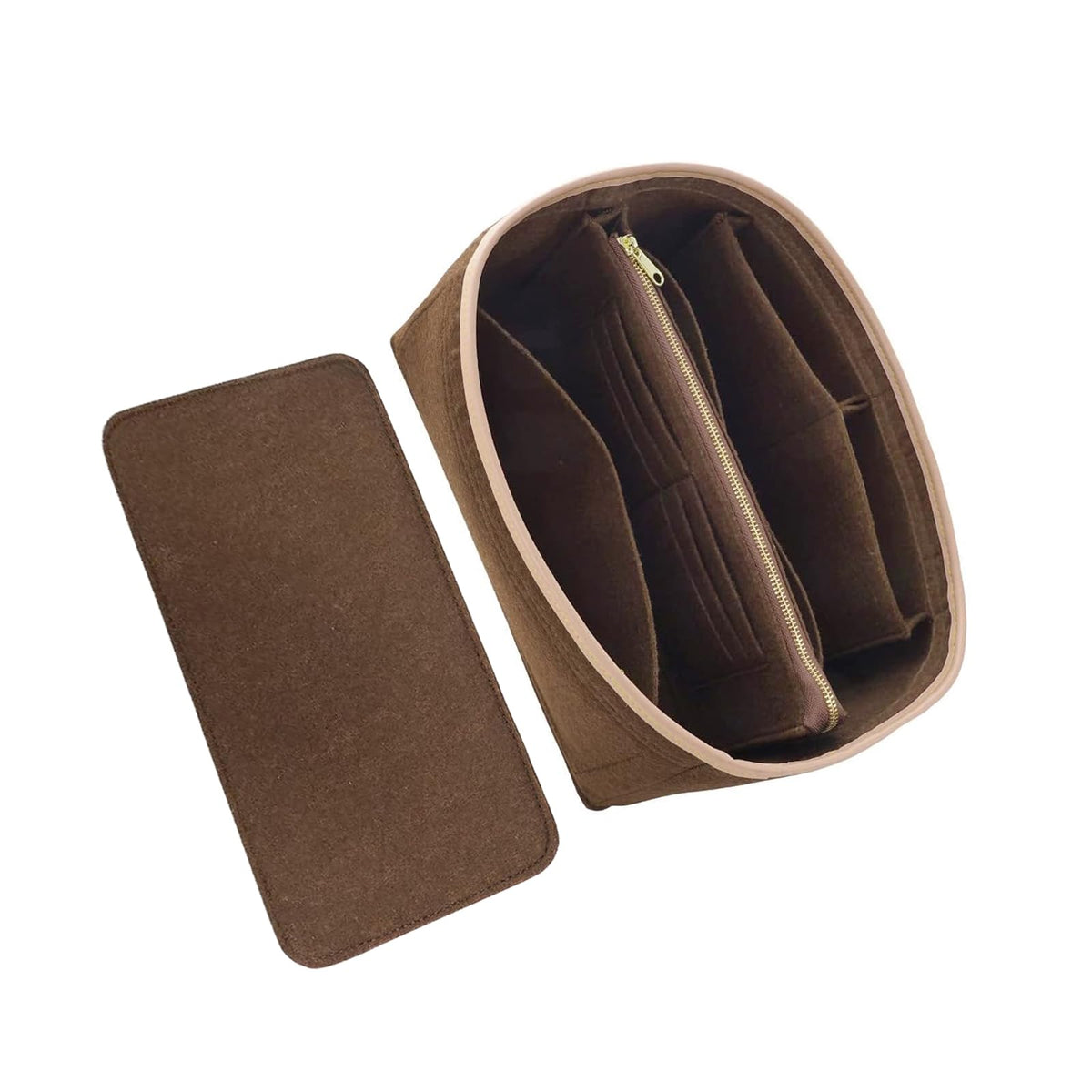 LOUKAYCCI Purse Organizer Insert & Base Shaper fit Speedy 25 & Neverfull PM, Felt Bag Organizer Insert for Handbags with Metal Zipper [Bag in Bag] (Medium, Brown)