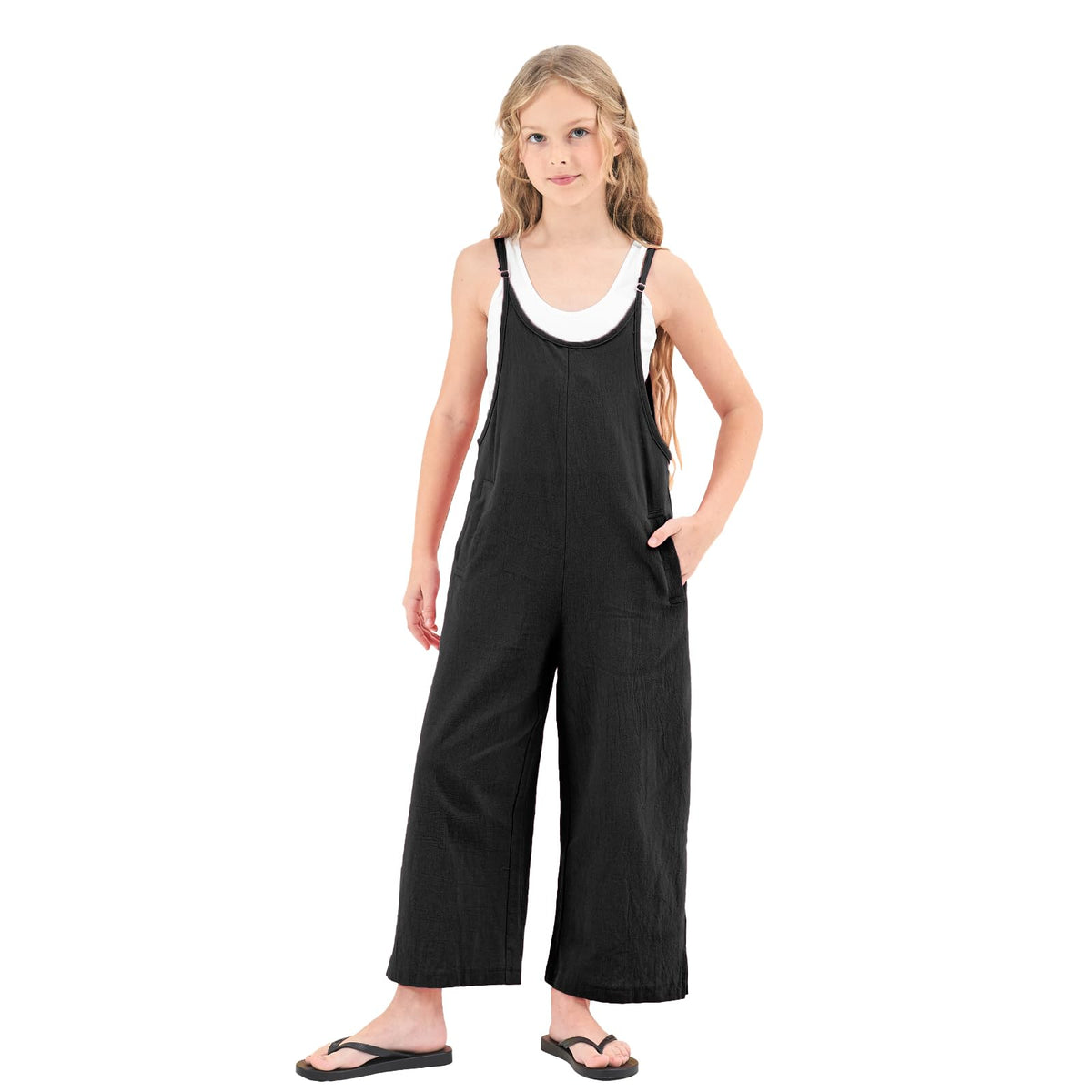Rolanko Girls Jumpsuit Sleeveless Romper Wide Leg Pants Overalls for Kids Loose Jumpers with Pockets (Black, 11-12 Years)