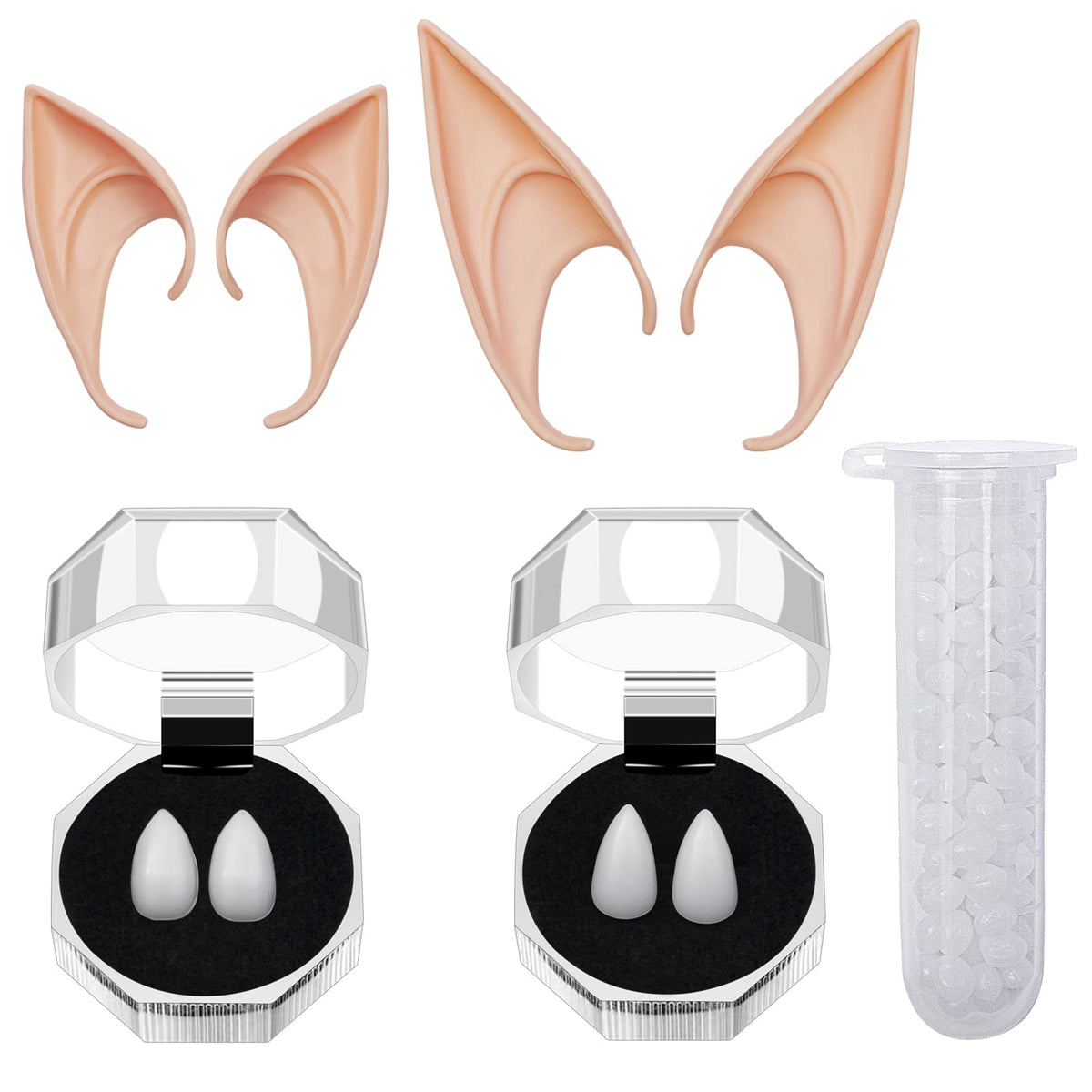 Halloween Vampire Fangs Teeth Elf Ears, 2 Pairs Vampire Teeth Fangs with Adhesive, 2 Pairs Elf Ears Fairy Pixie for Halloween Party Costume Cosplay Dress Up Accessories