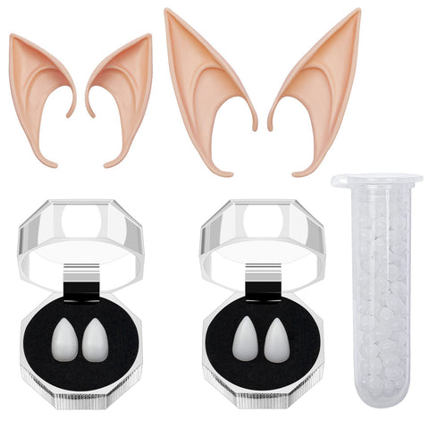Halloween Vampire Fangs Teeth Elf Ears, 2 Pairs Vampire Teeth Fangs with Adhesive, 2 Pairs Elf Ears Fairy Pixie for Halloween Party Costume Cosplay Dress Up Accessories