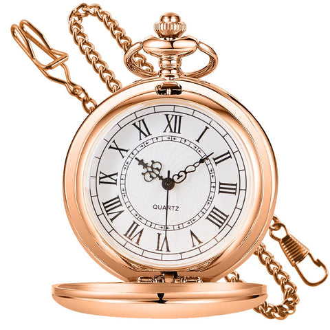Tiong Vintage Pocket Watch with Chain Smooth Steel Unique Roman Numerals Quartz Pocket Watches with Chain Clip for Men