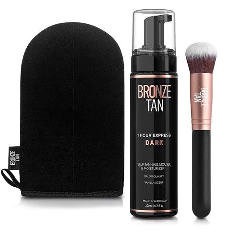 Bronze Tan Dark Self Tanning Kit All Natural 1-Hour Express Sunless Tanner Mousse 200ml, Instant Self Tanner Lotion with Bronzer, Self Tanning Mitt and Kabuki Brush