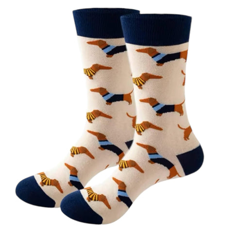 Dachshund Sausage Dog Novelty Funny Socks - Dog Design - Cream Cotton Blend Gift Mens Womans UK Size 5-11 - 1 Pair