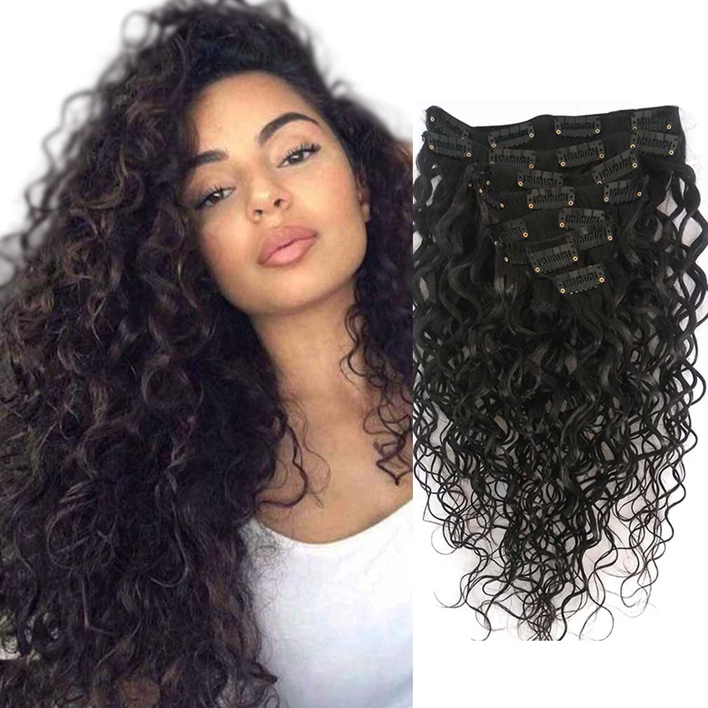 Doren Deep Curly Clip In Human Hair Extensions for Women 8Pcs 20Clips 120g Remy Brazilian Water Wave Hair Natural Black 22 Inches