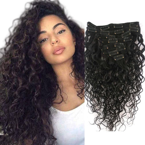 Doren Deep Curly Clip In Human Hair Extensions for Women 8Pcs 20Clips 120g Remy Brazilian Water Wave Hair Natural Black 22 Inches