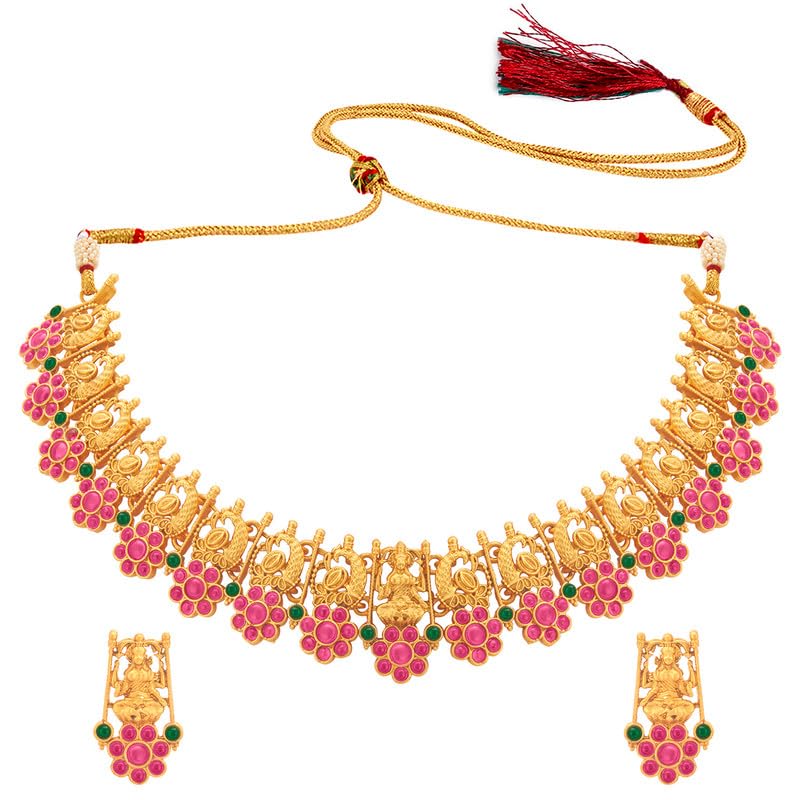 Aheli Goddess Lakshmi Indian Traditional Choker Necklace with Drop Earrings Jewelry Set Gift for Women