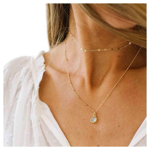 Yheakne Boho Layered Opal Moonstone Necklace Choker Gold Round Opalite Necklace Clear Quartz Necklace Faceted Crystal Pendant Necklace Chain Jewelry for Women and Girls
