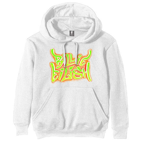 Billie Eilish Hoodie Airbrush Flames Blohsh Logo Official Unisex White Pullover Size L