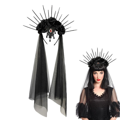 HKSICHENGKEJI Halloween Flower Crown Headband with Black Veil Gothic Rose Headpiece Party Cosplay Headwear Costume Accessory for Women