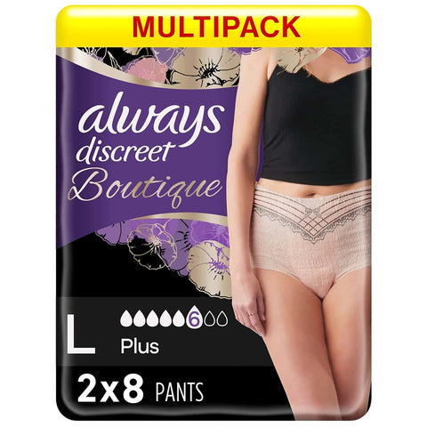 Always Discreet Boutique Incontinence Pants Women, Large Size, Beige, 16 High Absorbency Plus Pants (8 x 2 Packs), Odour Neutraliser, Softness and Protection, for Sensitive Bladder