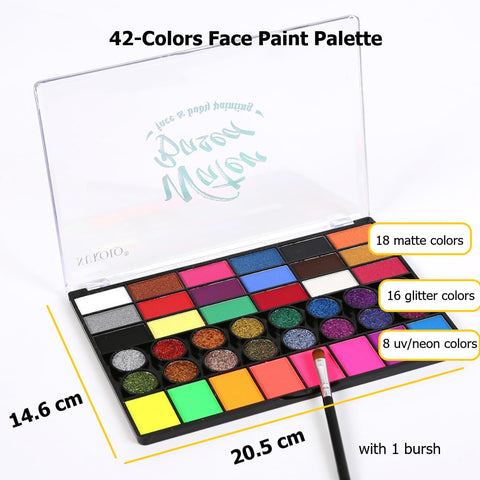 KARLOR 42 Colours Face Paint Palette with Brush, 18 Matte Face Paint + 16 Glitter Colours + 8 UV Neon Face Paint, Face Paint, Body Painting, Face Make-Up Paint, Theatre Make-Up, Water Soluble