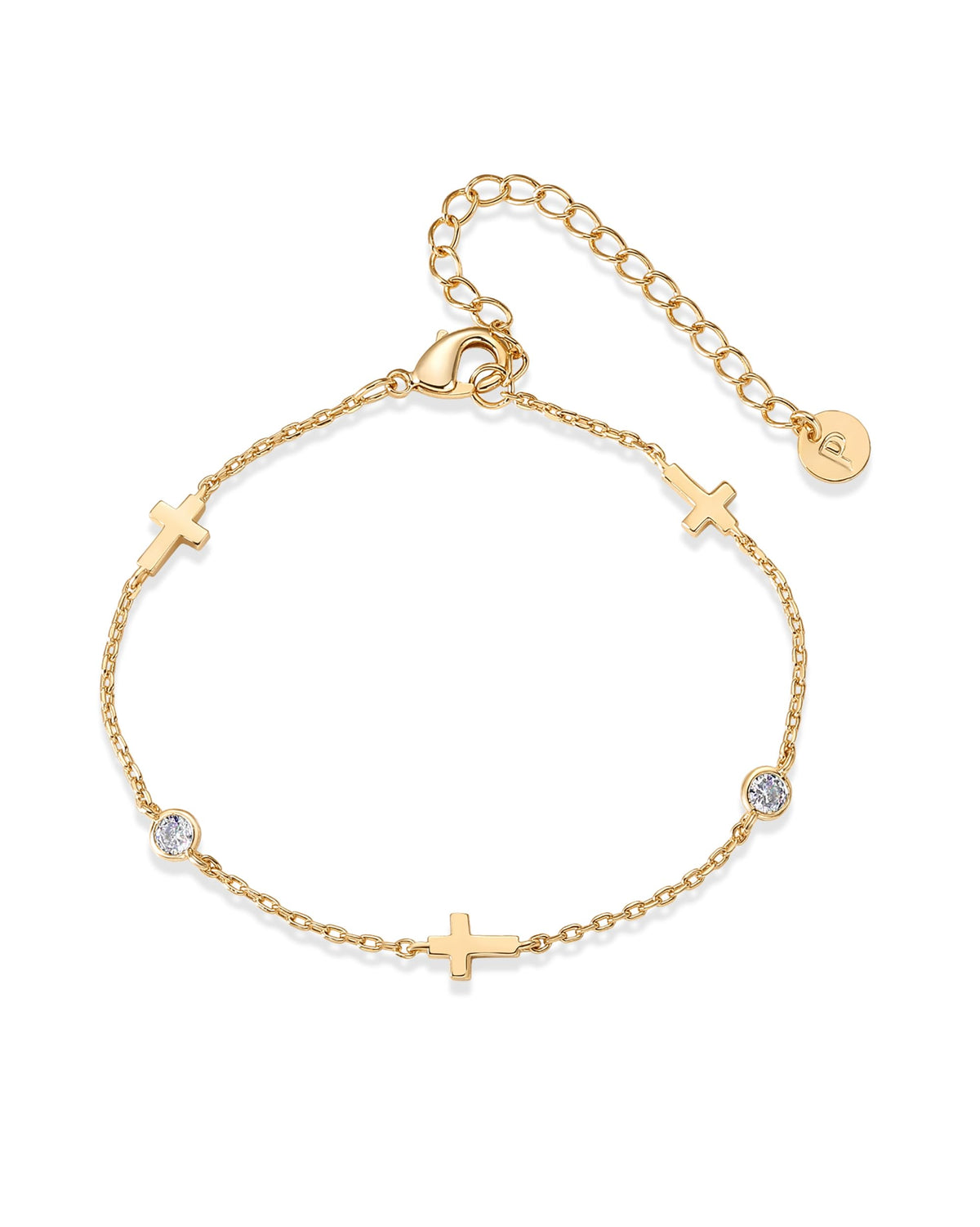 PAVOI 14K Yellow Gold Plated Sideways Cross Simulated Diamond Station Chain Bracelet for Women | Cubic Zirconia Adjustable Christian Bracelet