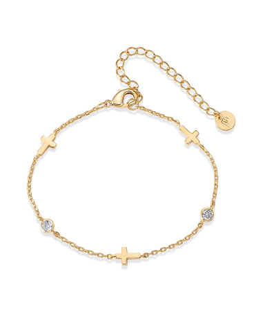 PAVOI 14K Yellow Gold Plated Sideways Cross Simulated Diamond Station Chain Bracelet for Women | Cubic Zirconia Adjustable Christian Bracelet