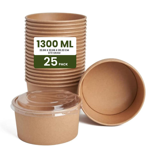 ecoway 25 Pack Ecofriendly Disposable Food Bowls Container With Lids Paper For Salad Soup Biodegradable Leakproof Microwave Safe Hot & Cold 1300 Ml Brown