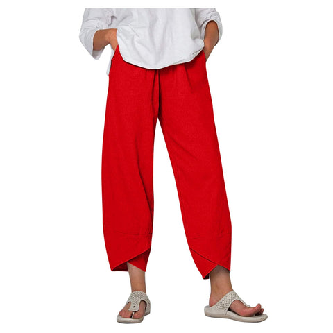 Costaric Cotton Linen Casual Summer Capri Pants Printed Cropped Comfy Baggy Trousers with Pockets Palazzo Lounge Pants, A16 Red, XL