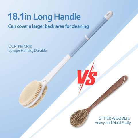 Body Shower Brush Back Scrubber: Anti Slip Long Handle Bath Brush with Stiff and Soft Bristles - Showering Exfoliator for Women, Men, Elderly (Blue)