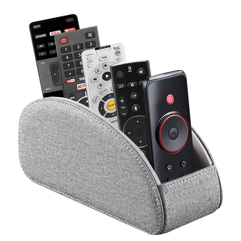 PU Leather Remote Control Holder,TV Remote Caddy with 5 Compartments,Bedside Table or Desktop Organizer for TV,DVD,Blu-Ray,Heater Controllers and Glasses,Media Player,Pen or Pencil Storage(Grey)