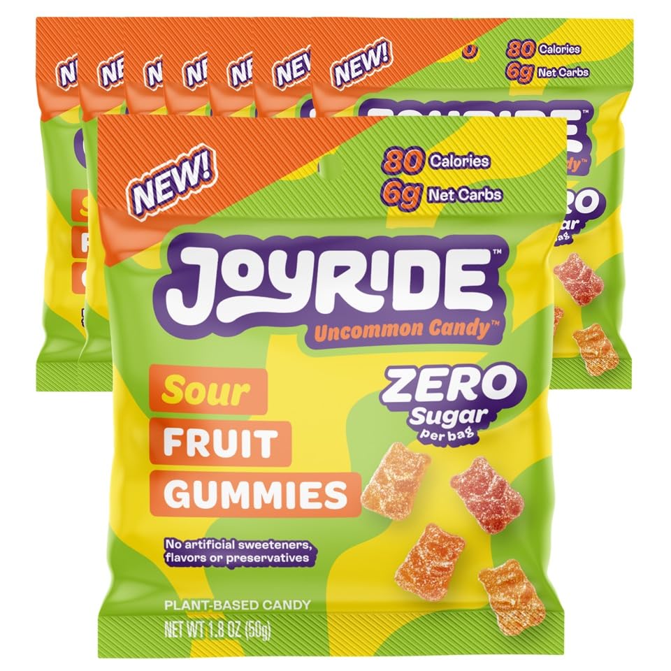 JOYRIDE Sugar-Free Sour Gummies - Keto Candy with Zero Sugar & 6g Net Carbs - Low Calorie Vegan Snack with No Sugar Alcohols (Sour Fruit Gummy Bears, 1.8oz (Pack of 8))