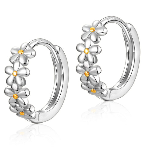 CERSLIMO Small Hoop Earrings for Women |925 Sterling Silver Post 10mm Flower Cluster Huggie Hoop Earrings, Hypoallergenic Cartilage Piercing Hoops Jewelry (Silver+Gold(12mm))