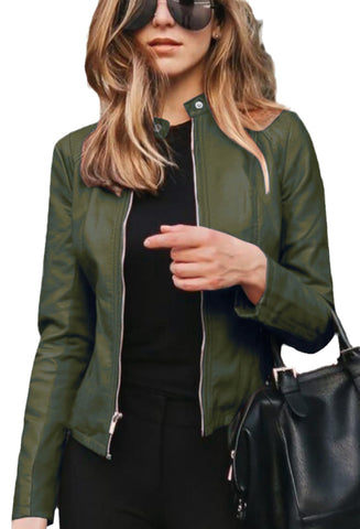 Chahuer Women's Fashion Leather PU Jacket Autumn Winter Street Style Slim Fit Stand Collar Zipper PU Jacket army green L