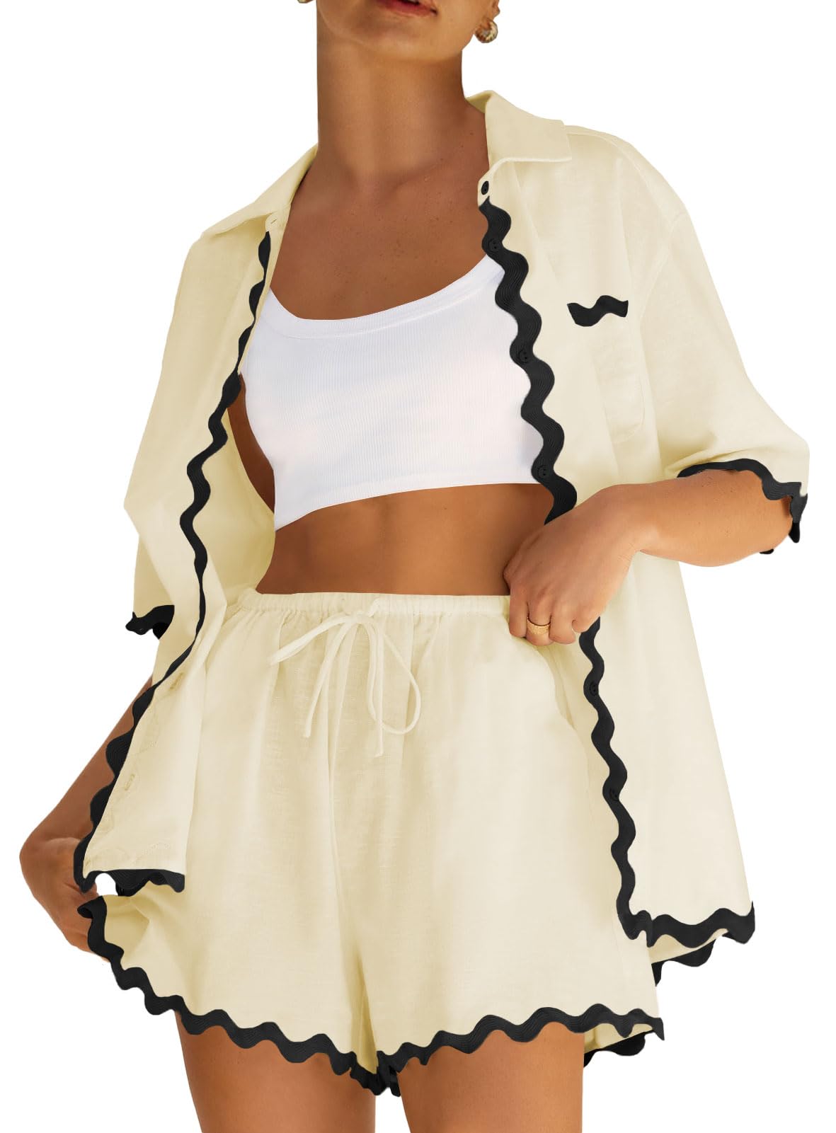 ARTFREE Women's 2 Piece Pajama Sets Short Sleeve Button Down Shirts and Shorts Outfit Sets Summer Beach Loungewear Apricot