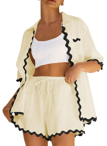 ARTFREE Women's 2 Piece Pajama Sets Short Sleeve Button Down Shirts and Shorts Outfit Sets Summer Beach Loungewear Apricot