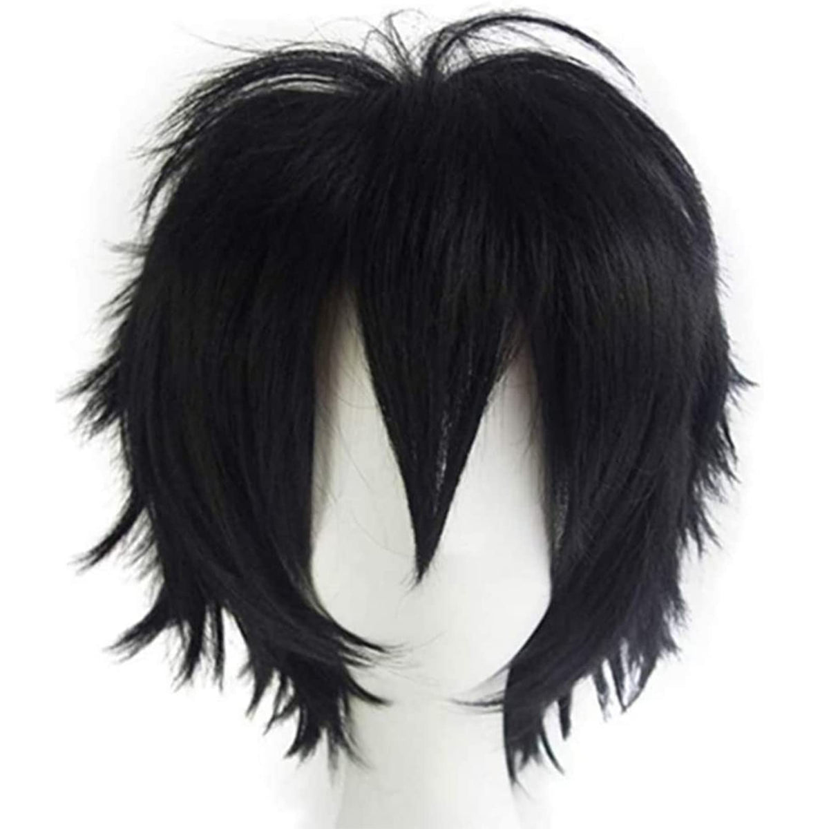 Cybelleza Anime Cosplay Wig Short Black Wigs for Women/Men Synthetic Curly Straight Fancy Dress Wig Layered Fluffy Halloween Costume Party Carnival Wig with Free Cap