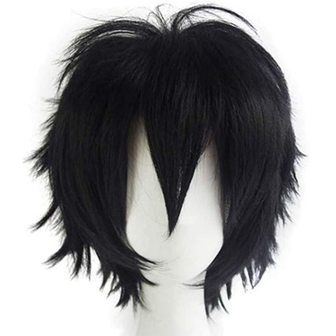 Cybelleza Anime Cosplay Wig Short Black Wigs for Women/Men Synthetic Curly Straight Fancy Dress Wig Layered Fluffy Halloween Costume Party Carnival Wig with Free Cap