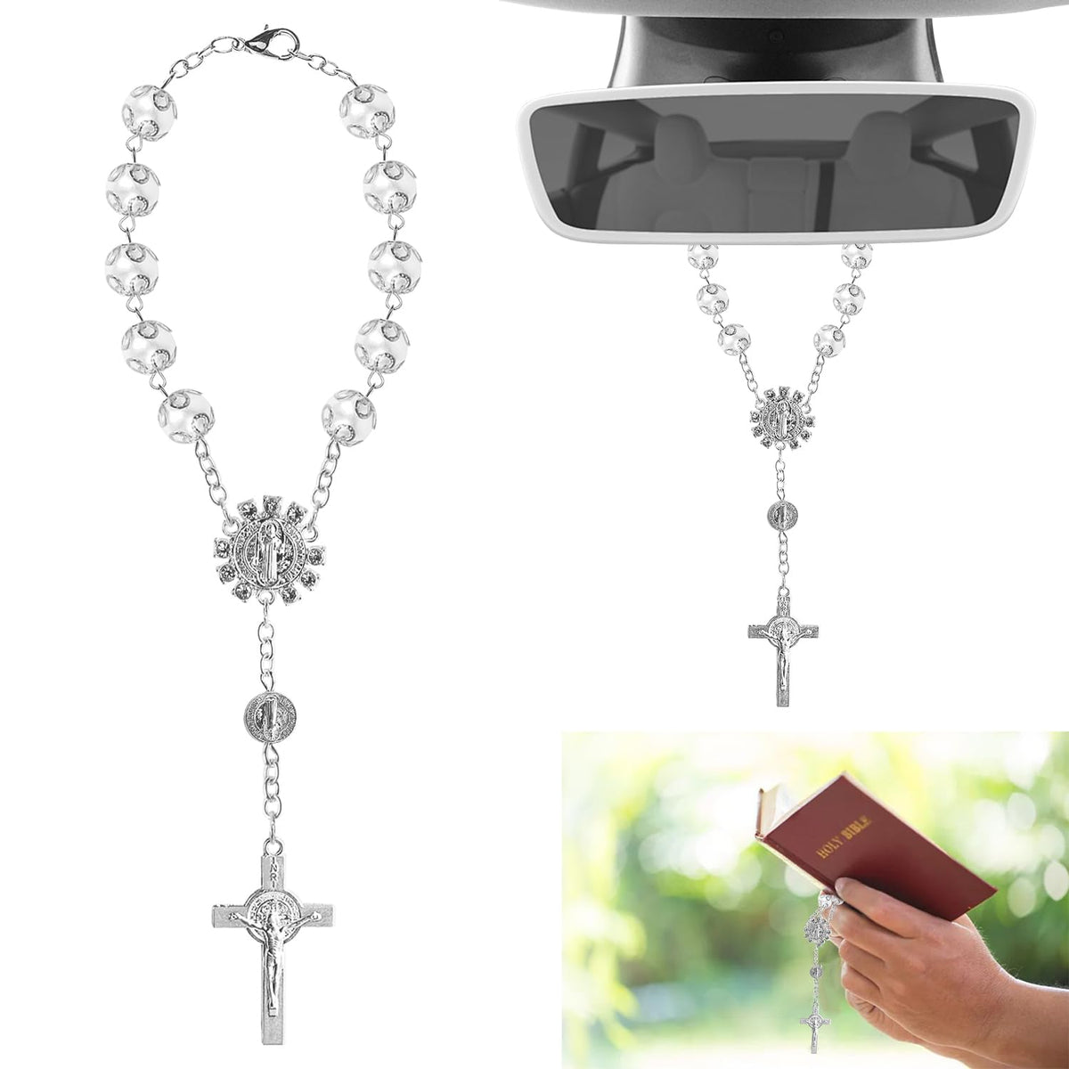 Car Rosary for Rear View Mirror with Christopher and Crucifix in Silver with Clasp Drivers Gift Prayer Beads for Car Interior Mirror Sun Visor Talisman Lucky Charm in Car