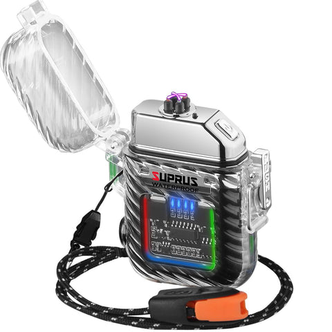 SUPRUS Luminous Lighter, 3 Modes of Torch, Windproof Waterproof Lighter, Electric Lighters, Rechargeable Dual Arc Plasma Lighter with Survival Emergency Whistle and Lanyard