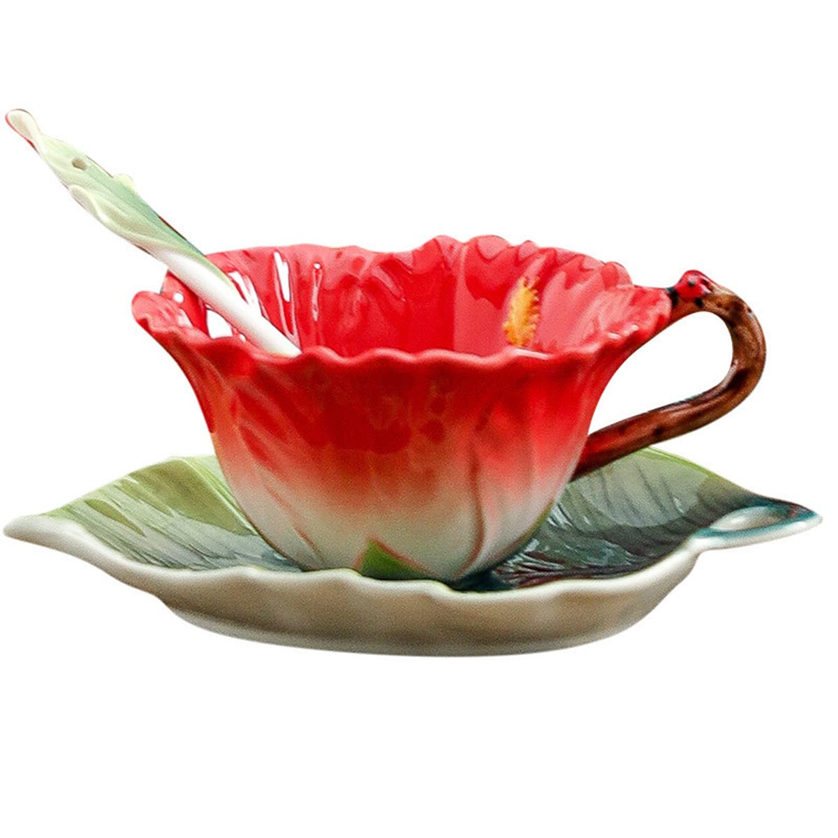 Beddinginn Colorful Tea Cups and Saucers?Sunflower Coffee Cup and Saucer Set with Spoon ?China Hand Crafted Tea Set (Red)