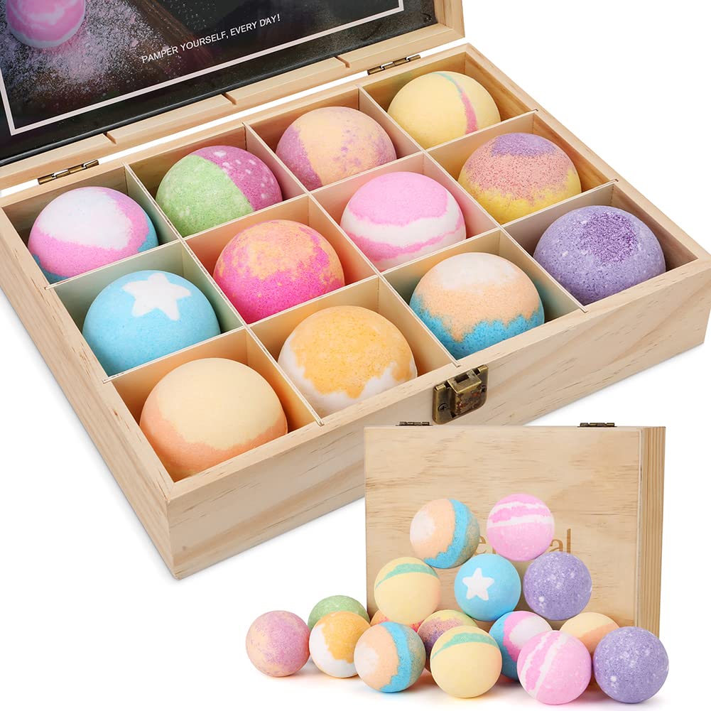 Greenkou Wooden Box Bath Bombs Gift Set Natural Fizzy Spa Perfect for Bubble & Spa Bath Birthday Gifts for Boys, Girls Kids, Mom, Christmas Gift