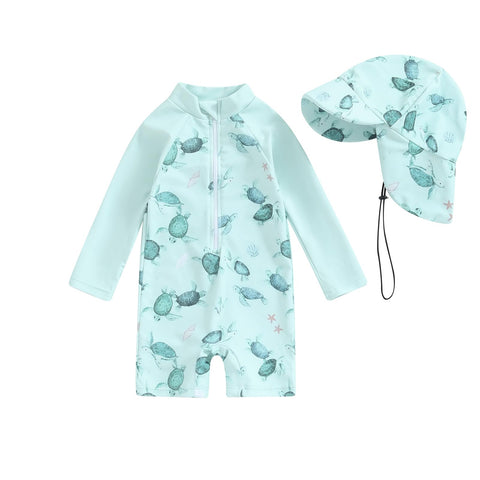 Baby Boy Girl Swimsuit One-Piece Zipper Long Sleeve Rash Guard with Hat Swimming Bathing Suit Toddler Swimsuits Baby Wetsuit Swimwear Beachwear (E Green, 6-12 Months)