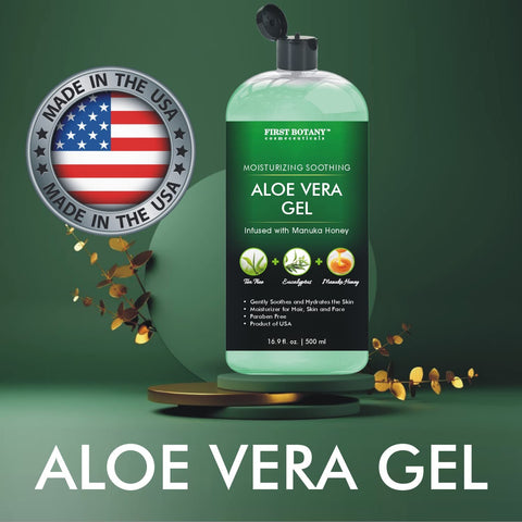 First Botany, Aloe vera gel from 100% Pure Aloe, Natural Raw Moisturizer with Tea tree oil Eucalyptus oil & Manuka Honey for Hand Sanitizing Gel, Skin Care, Hair Care Sunburn Acne & Eczema, 500 ml