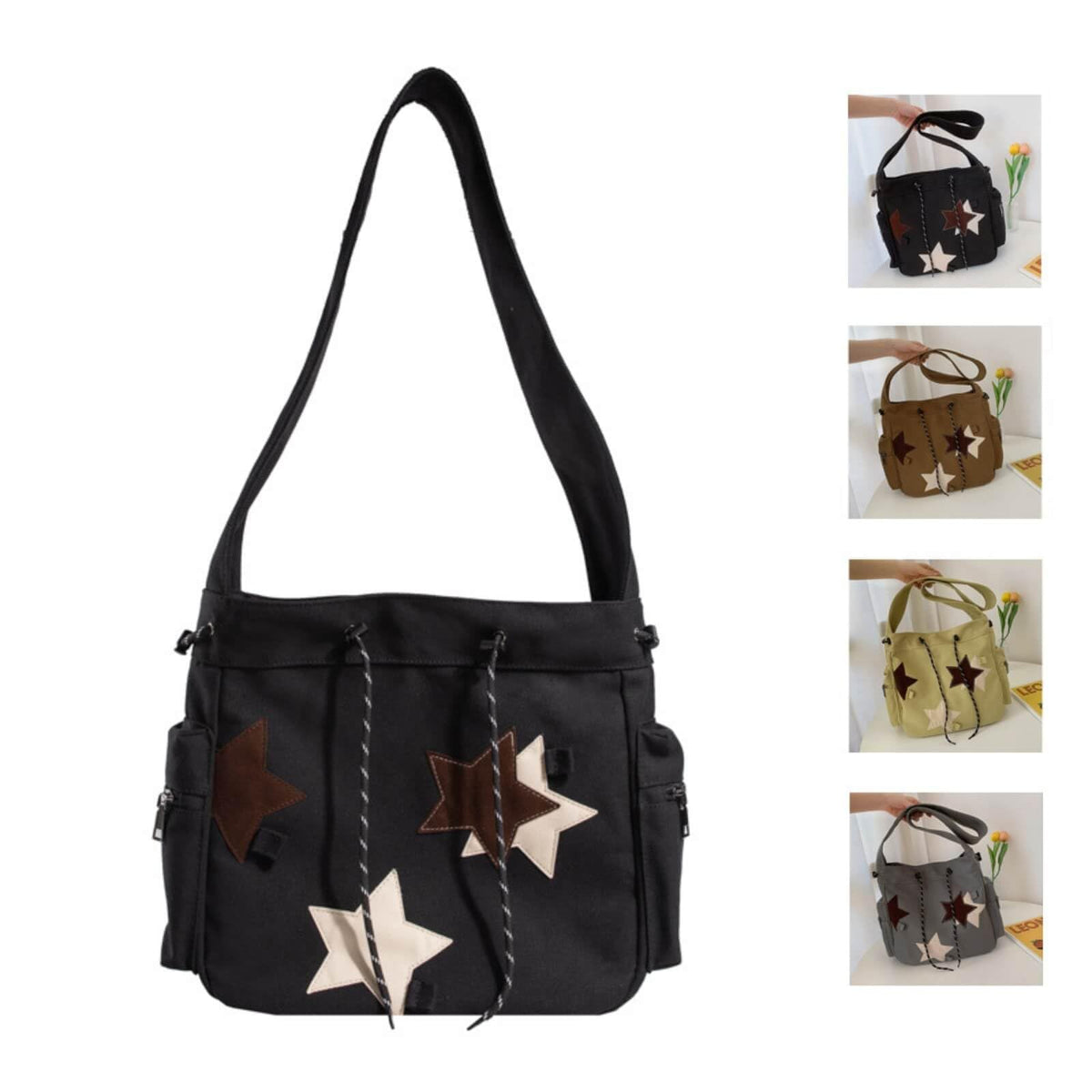 Y2K Star Canvas Messenger Bag, Cute Tote Bags Aesthetic, Small Shoulder Travel Crossbody Bags For Women (Black)