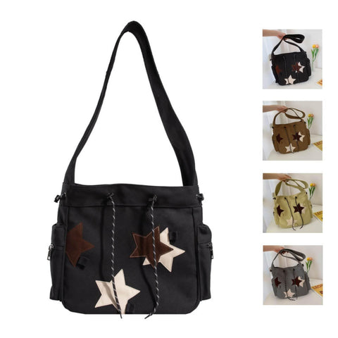 Y2K Star Canvas Messenger Bag, Cute Tote Bags Aesthetic, Small Shoulder Travel Crossbody Bags For Women (Black)